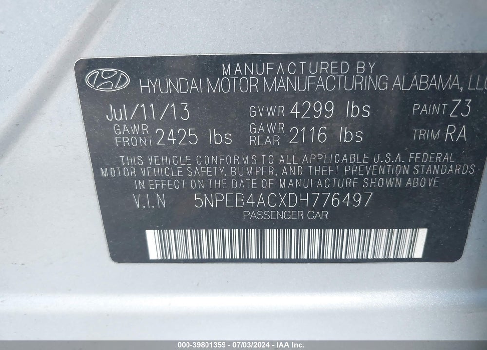 2013 HYUNDAI SONATA GLS VIN: 5NPEB4ACXDH776497