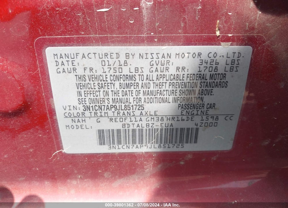 2018 NISSAN VERSA 1.6 SV VIN: 3N1CN7AP9JL851725