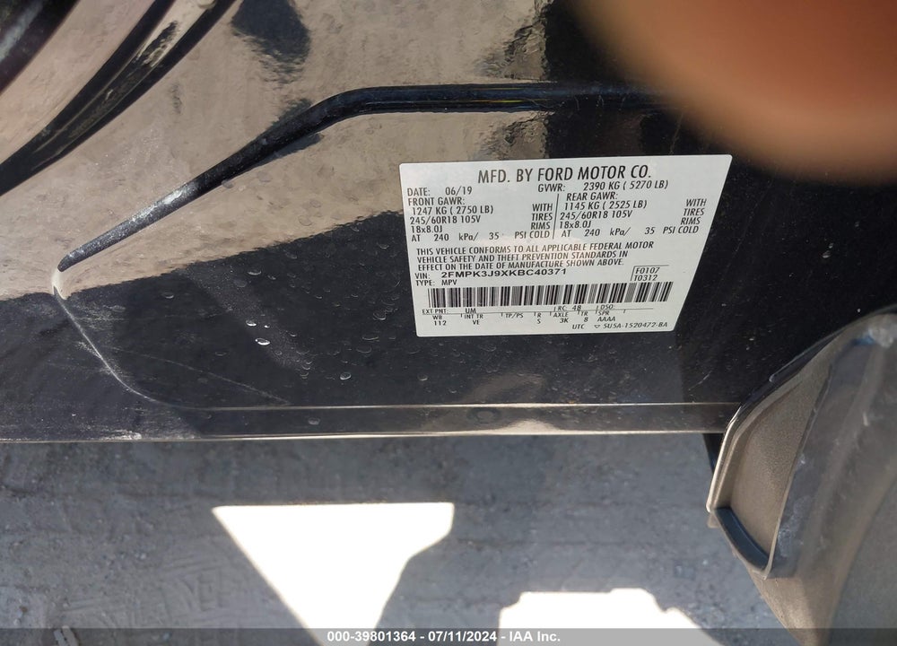 2019 FORD EDGE SEL VIN: 2FMPK3J9XKBC40371