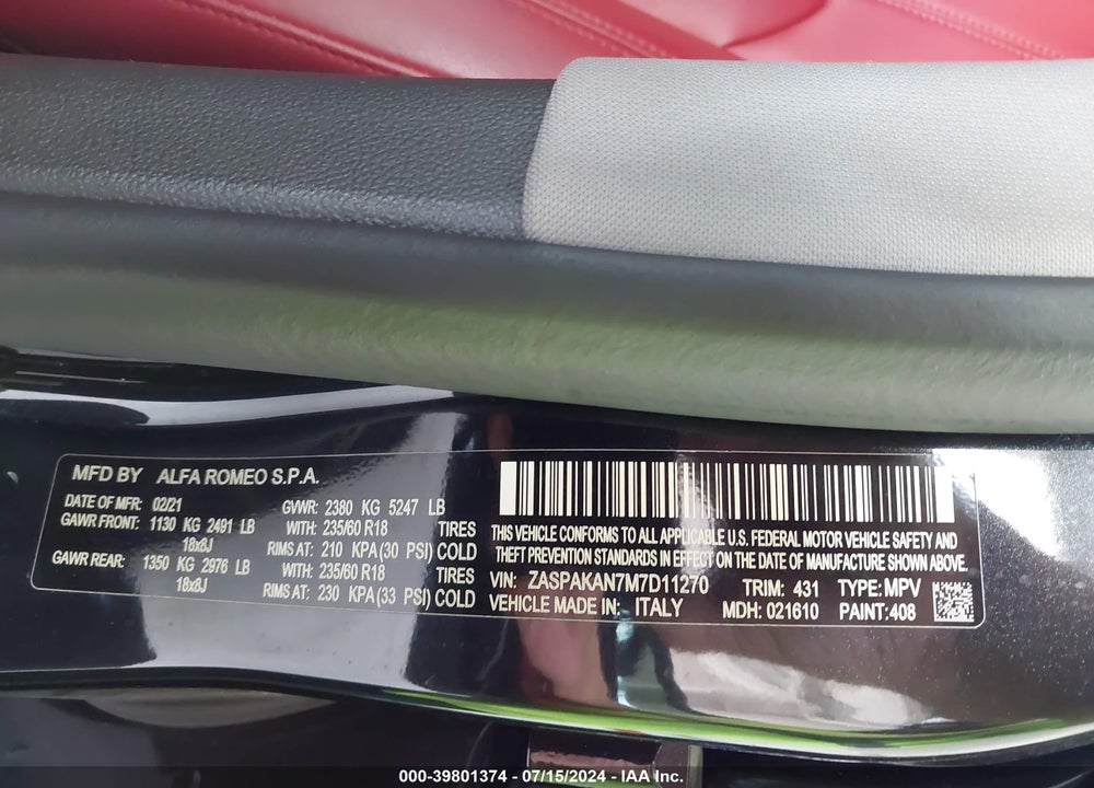 2021 ALFA ROMEO STELVIO AWD VIN: ZASPAKAN7M7D11270