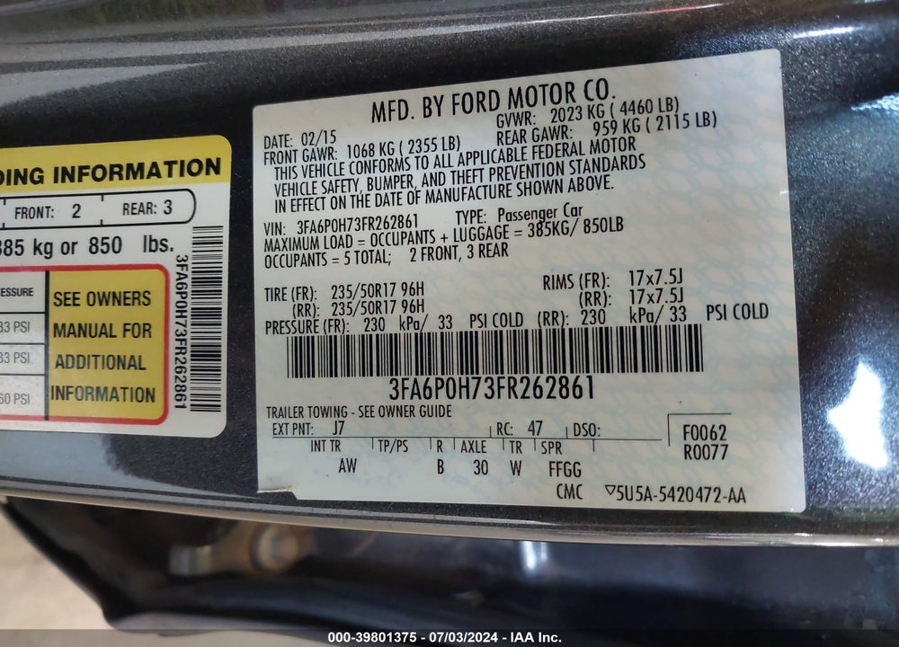 2015 FORD FUSION SE VIN: 3FA6P0H73FR262861