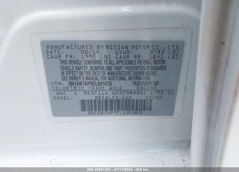 2014 NISSAN SENTRA S VIN: 3N1AB7AP9EL681825