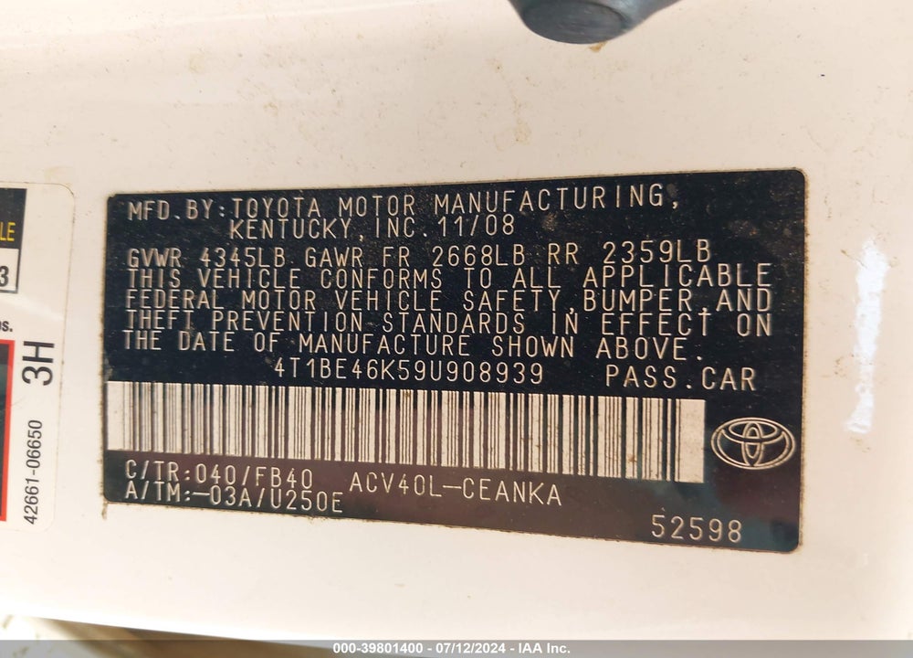 2009 TOYOTA CAMRY LE VIN: 4T1BE46K59U908939