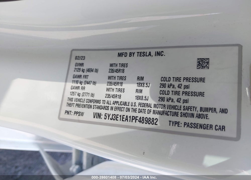 2023 TESLA MODEL 3 REAR-WHEEL DRIVE VIN: 5YJ3E1EA1PF489882