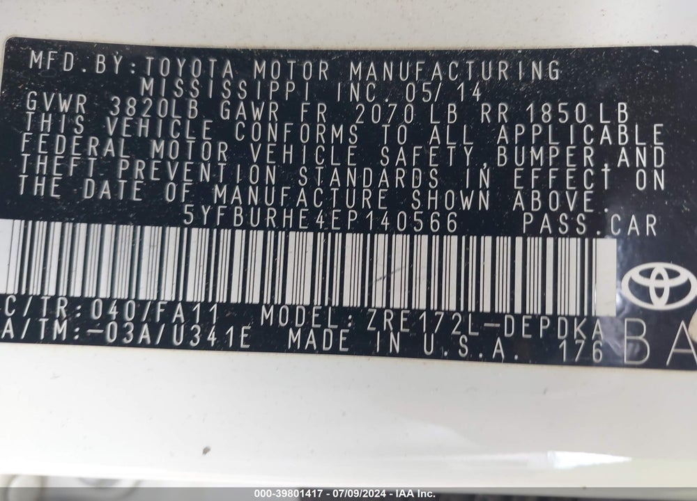 2014 TOYOTA COROLLA L VIN: 5YFBURHE4EP140566