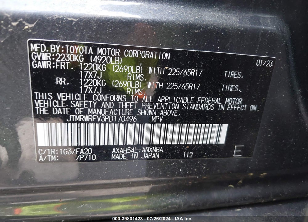 2023 TOYOTA RAV4 HYBRID XLE VIN: JTMRWRFV3PD170496