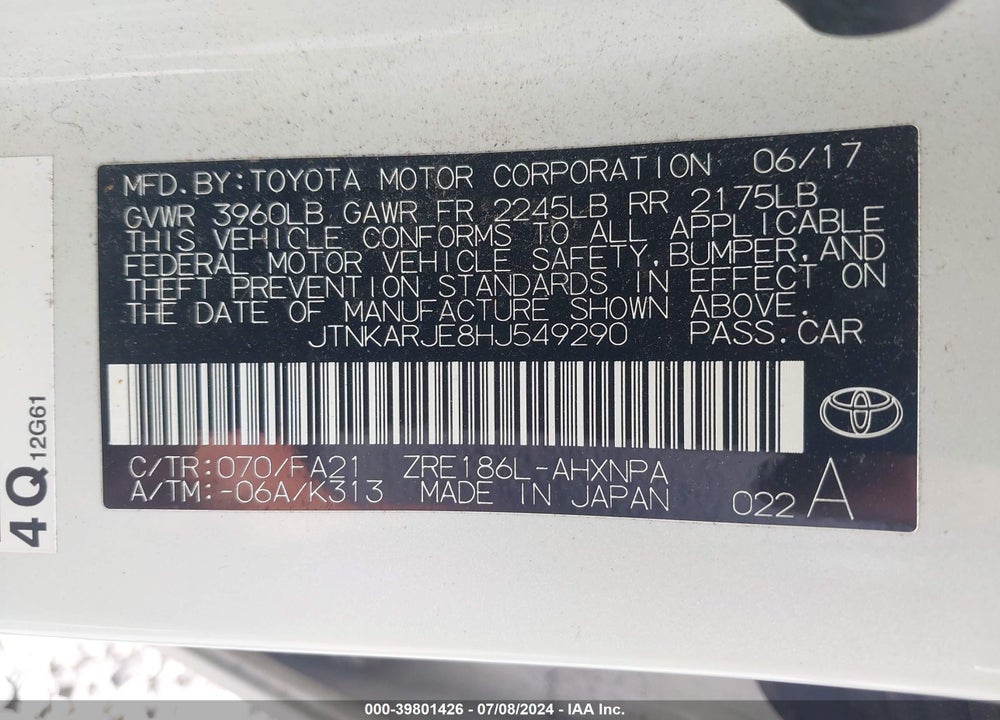2017 TOYOTA COROLLA IM VIN: JTNKARJE8HJ549290