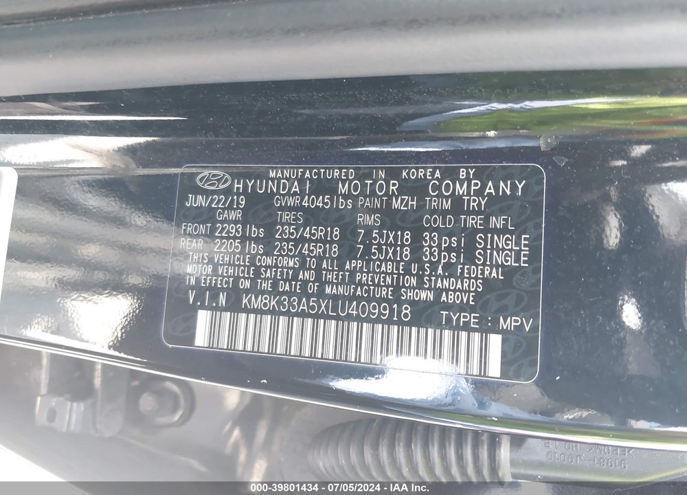 2020 HYUNDAI KONA LIMITED VIN: KM8K33A5XLU409918