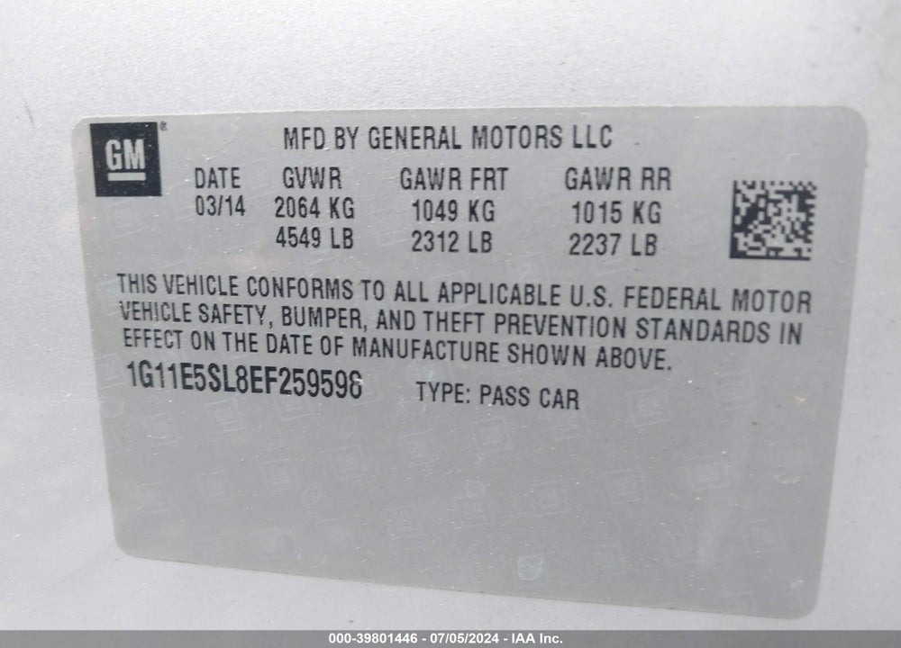 2014 CHEVROLET MALIBU 2LT VIN: 1G11E5SL8EF259598