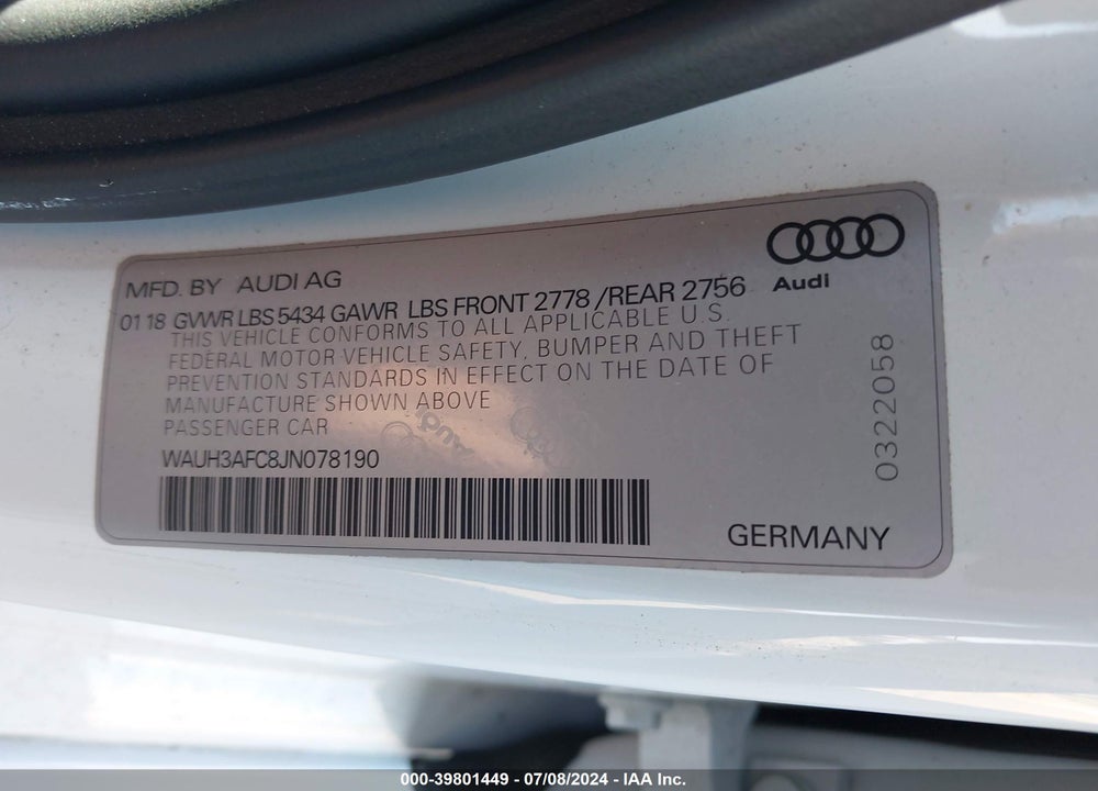 2018 AUDI A6 3.0T PREMIUM VIN: WAUH3AFC8JN078190
