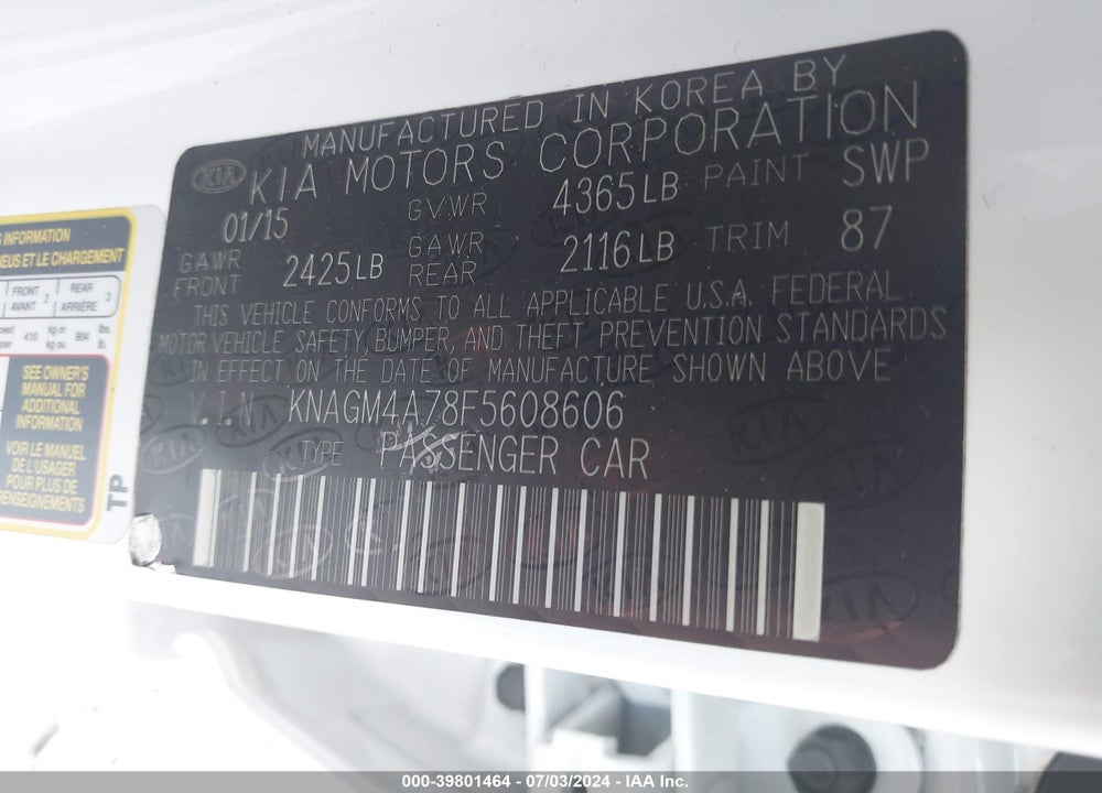 2015 KIA OPTIMA LX VIN: KNAGM4A78F5608606