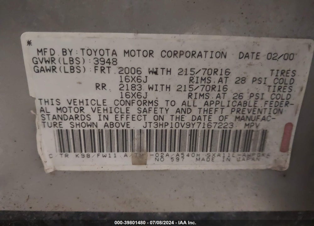 2000 TOYOTA RAV4 VIN: JT3HP10V9Y7167223