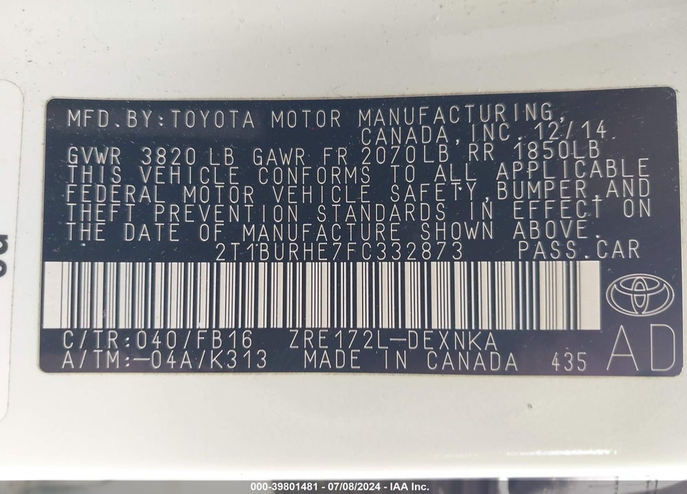 2015 TOYOTA COROLLA LE VIN: 2T1BURHE7FC332873