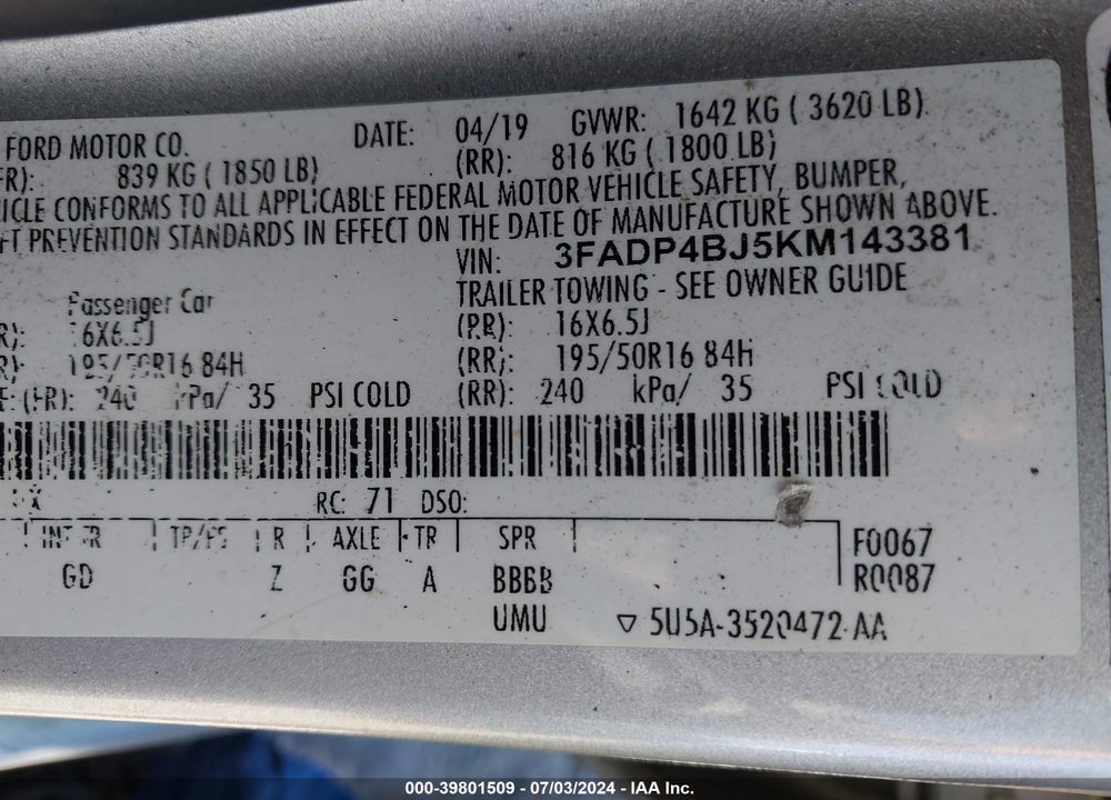 2019 FORD FIESTA SE VIN: 3FADP4BJ5KM143381