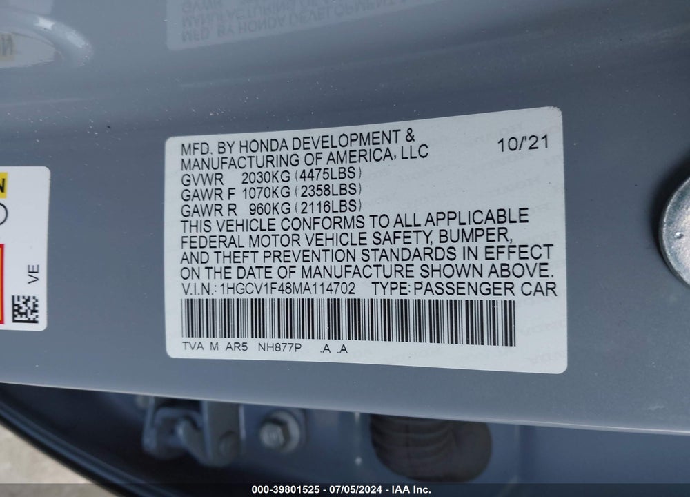 2021 HONDA ACCORD SPORT SPECIAL EDITION VIN: 1HGCV1F48MA114702