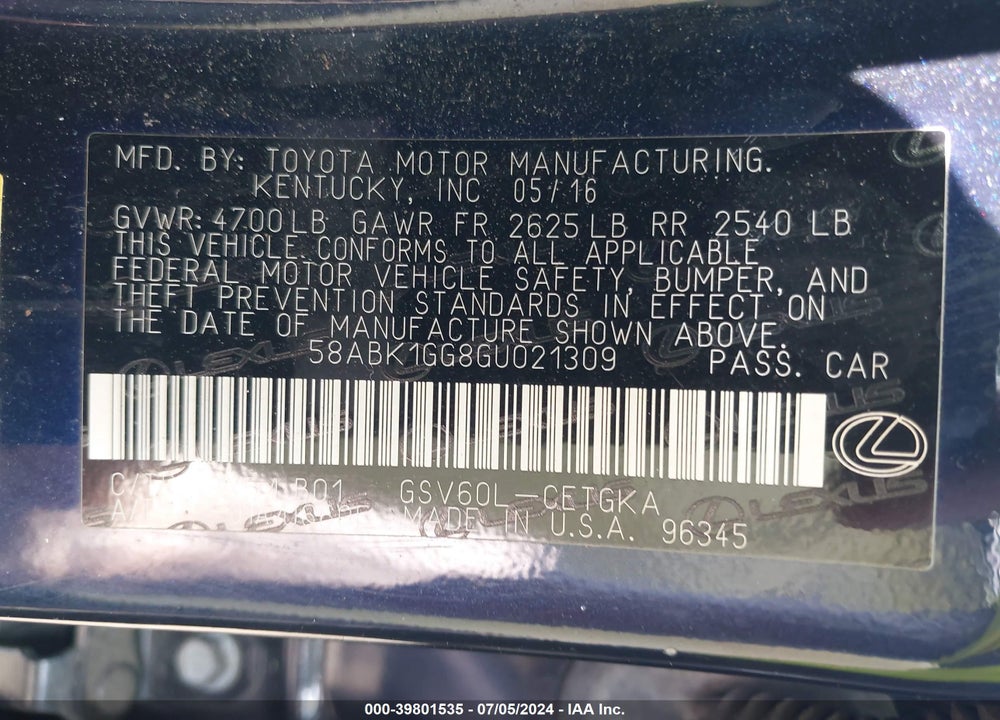 2016 LEXUS ES 350 VIN: 58ABK1GG8GU021309