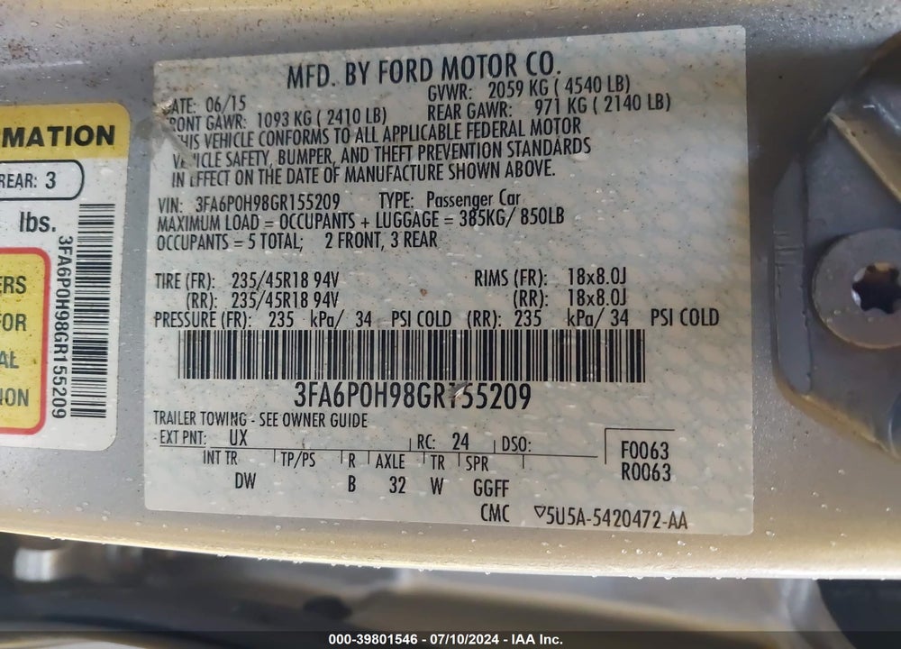 2016 FORD FUSION SE VIN: 3FA6P0H98GR155209