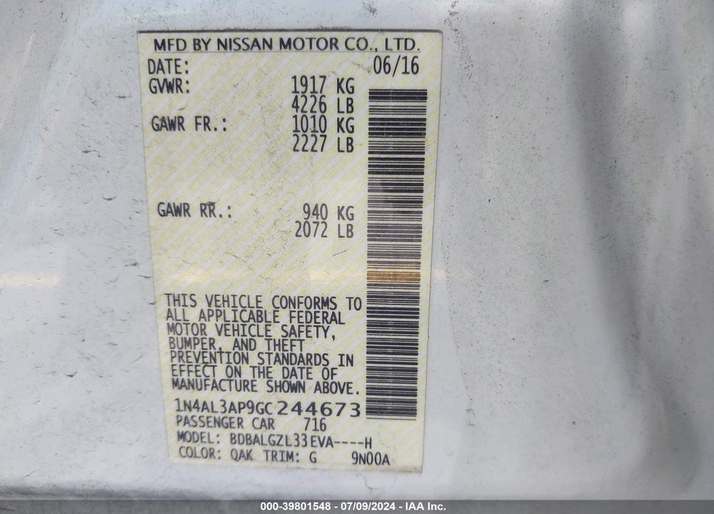 2016 NISSAN ALTIMA 2.5 S VIN: 1N4AL3AP9GC244673