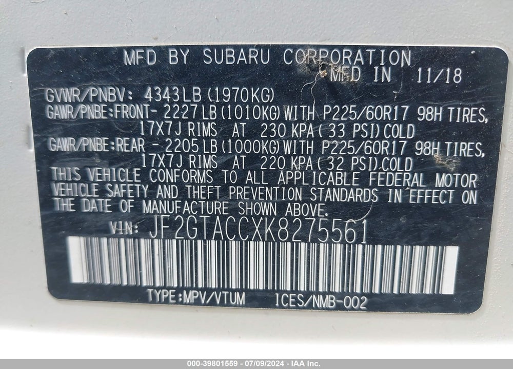 2019 SUBARU CROSSTREK 2.0I PREMIUM VIN: JF2GTACCXK8275561