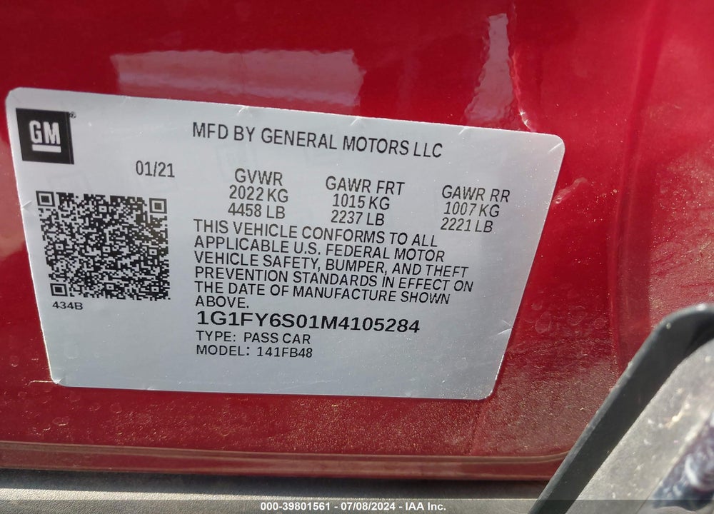 2021 CHEVROLET BOLT EV FWD LT VIN: 1G1FY6S01M4105284