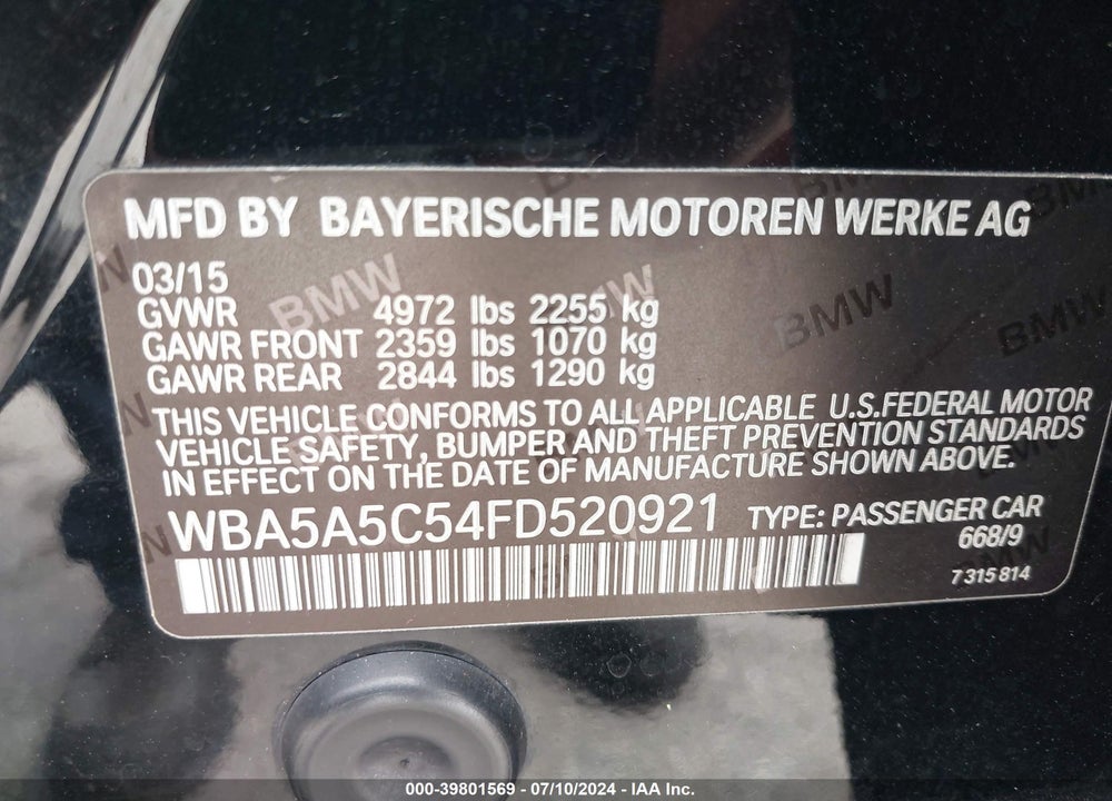 2015 BMW 528I VIN: WBA5A5C54FD520921
