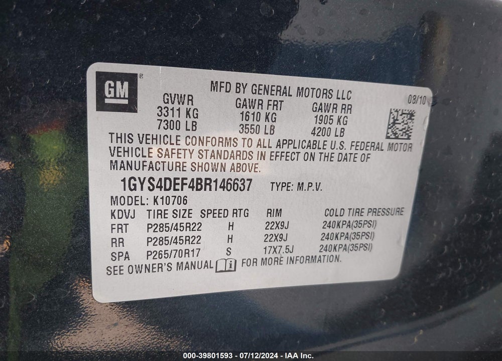 2011 CADILLAC ESCALADE PLATINUM EDITION VIN: 1GYS4DEF4BR146637