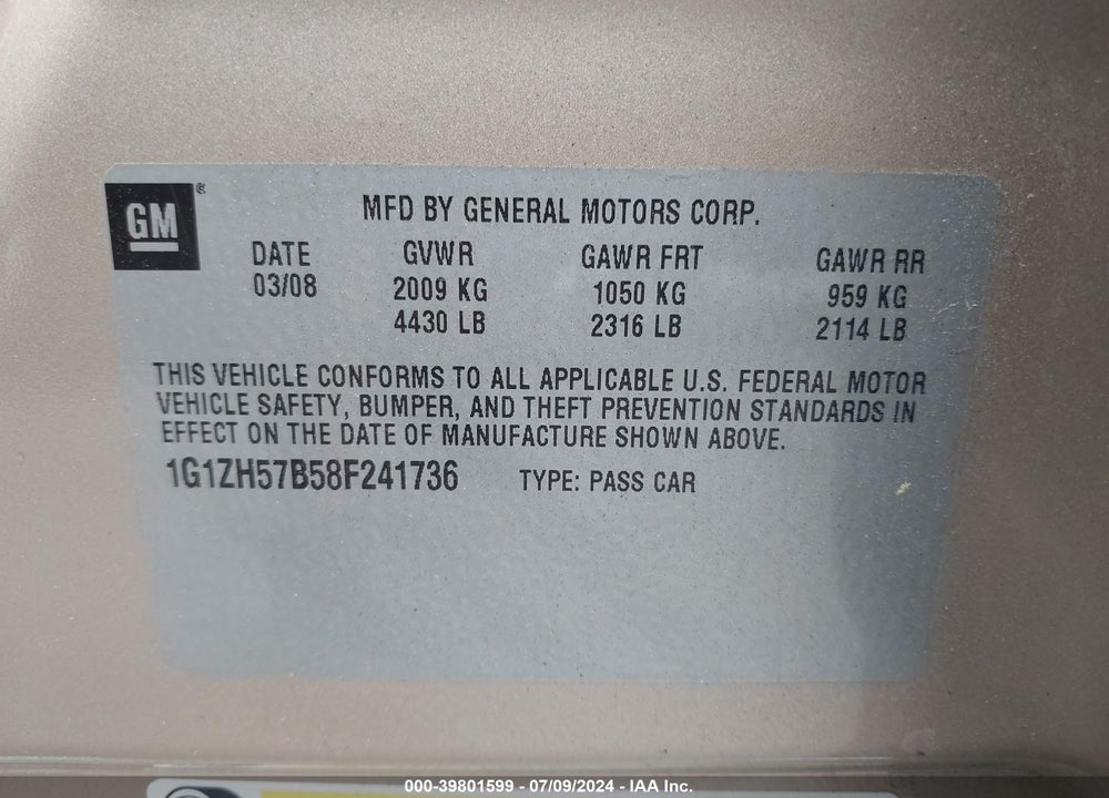 2008 CHEVROLET MALIBU LT VIN: 1G1ZH57B58F241736