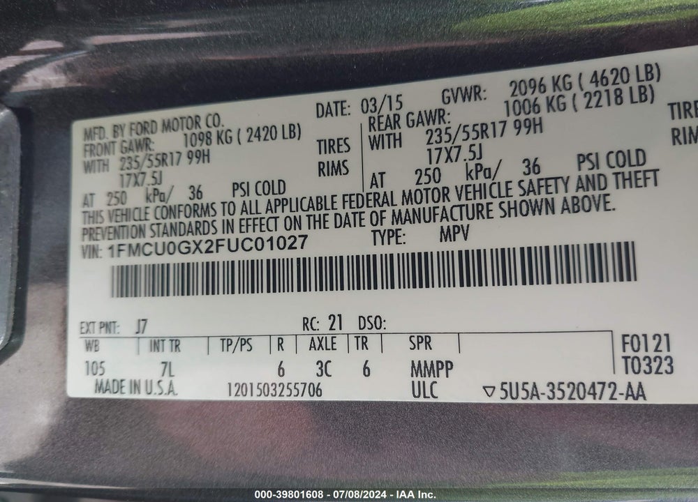 2015 FORD ESCAPE SE VIN: 1FMCU0GX2FUC01027