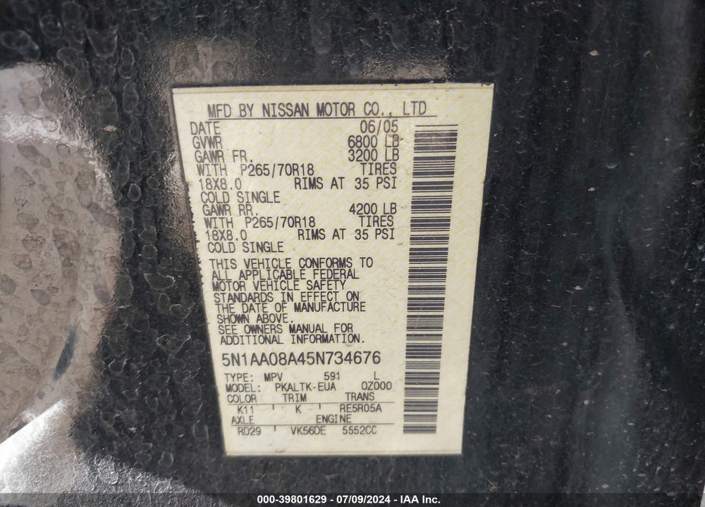 2005 NISSAN ARMADA SE VIN: 5N1AA08A45N734676