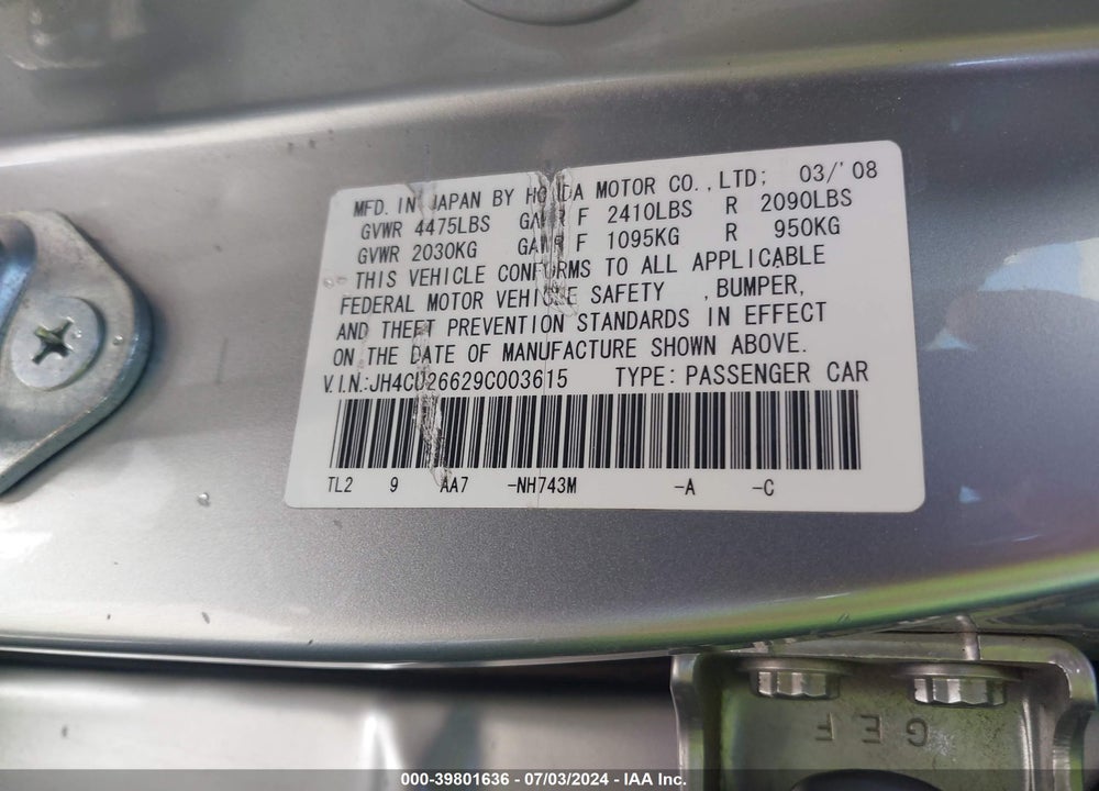 2009 ACURA TSX VIN: JH4CU26629C003615