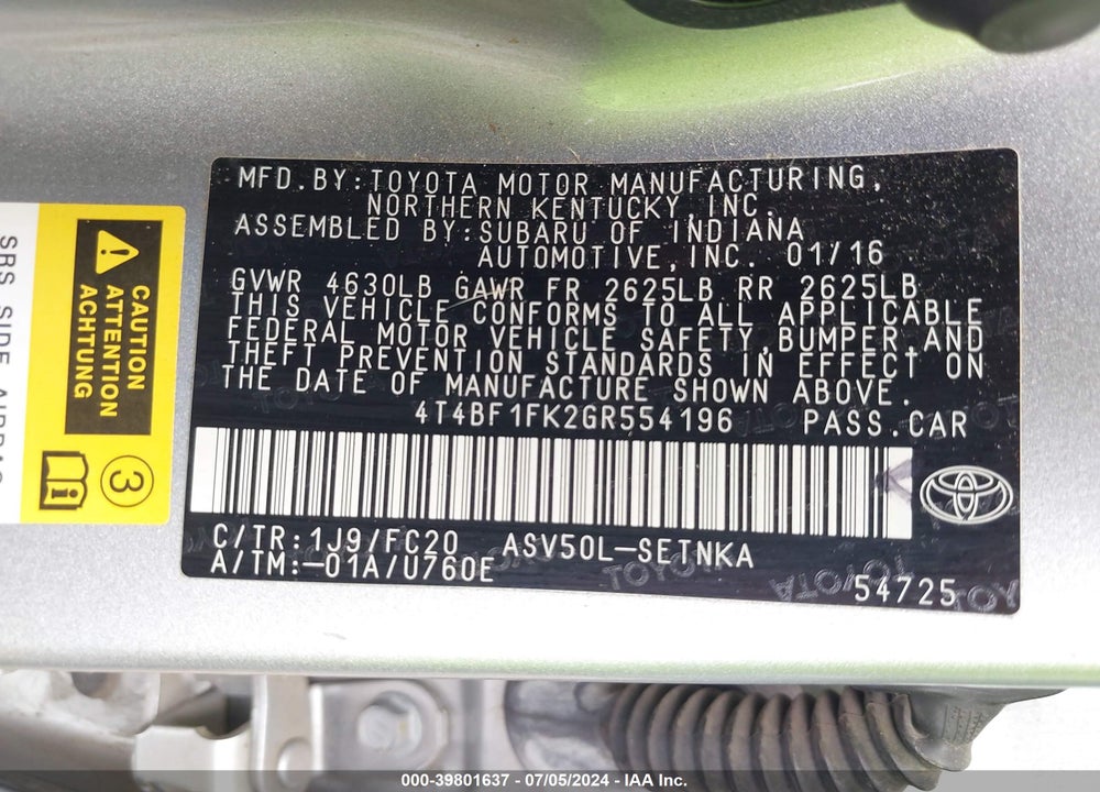 2016 TOYOTA CAMRY LE VIN: 4T4BF1FK2GR554196