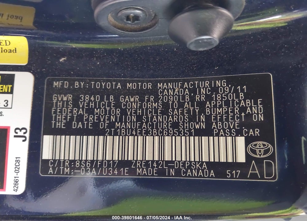 2011 TOYOTA COROLLA S VIN: 2T1BU4EE3BC695351