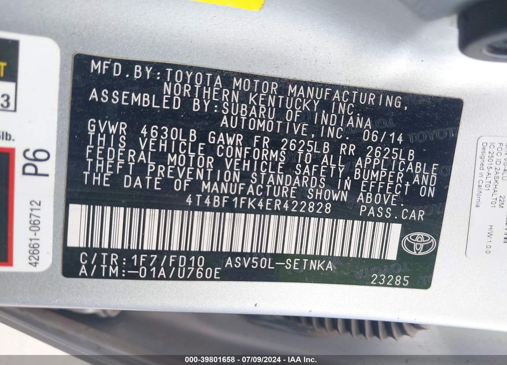2014 TOYOTA CAMRY LE VIN: 4T4BF1FK4ER422828