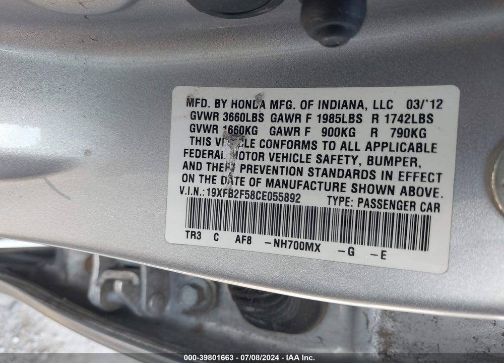 2012 HONDA CIVIC LX VIN: 19XFB2F58CE055892
