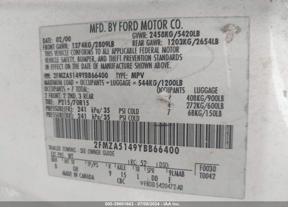 2000 FORD WINDSTAR LX VIN: 2FMZA5149YBB66400