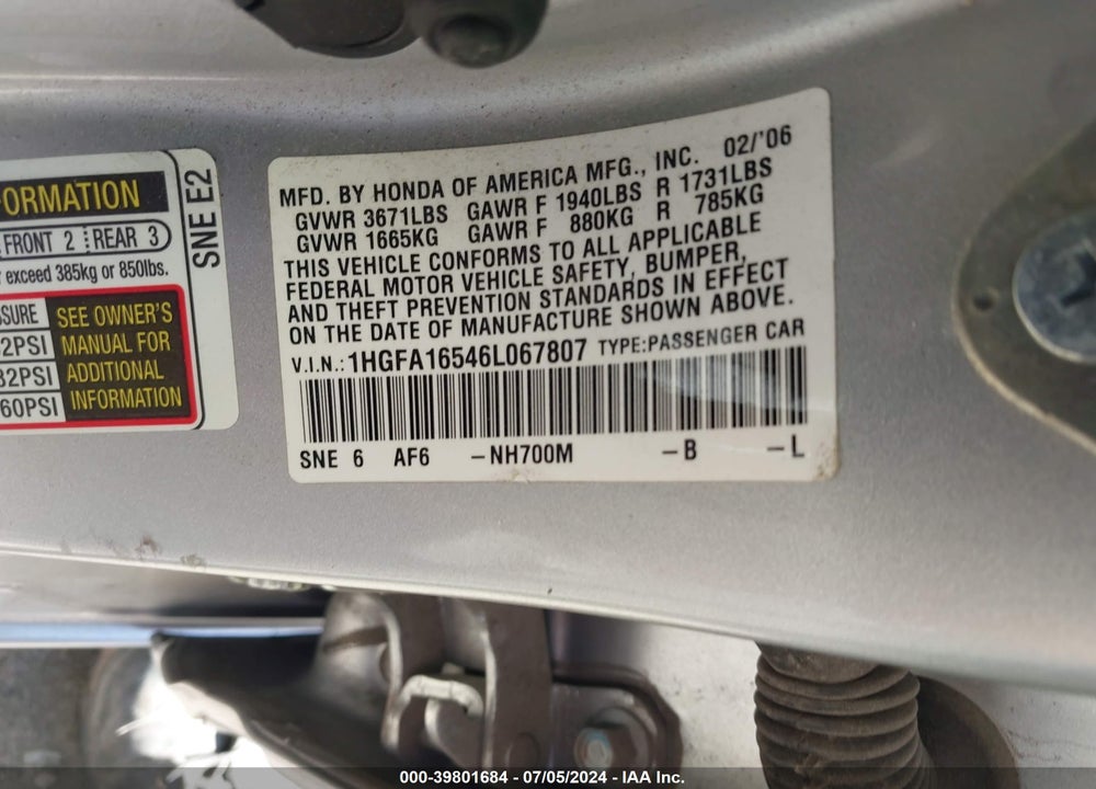 2006 HONDA CIVIC LX VIN: 1HGFA16546L067807