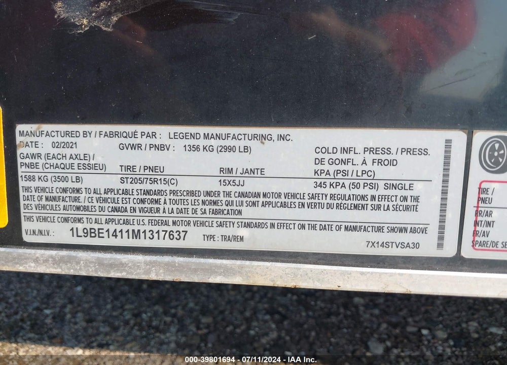 2021 LEGEND ENCLOSED TRAILER VIN: 1L9BE1411M1317637