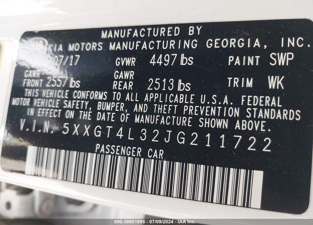 2018 KIA OPTIMA LX VIN: 5XXGT4L32JG211722