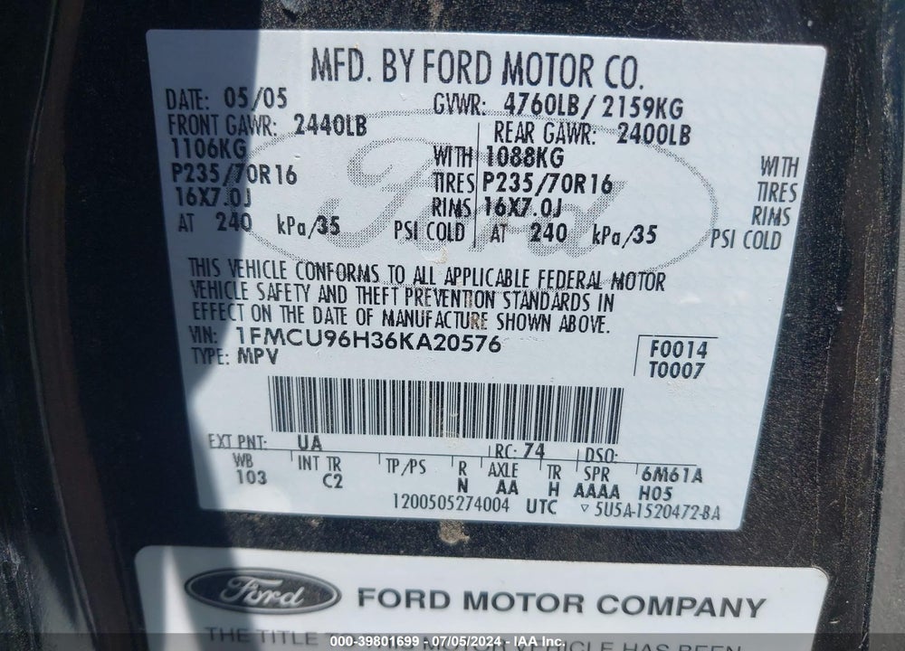 2006 FORD ESCAPE HYBRID VIN: 1FMCU96H36KA20576