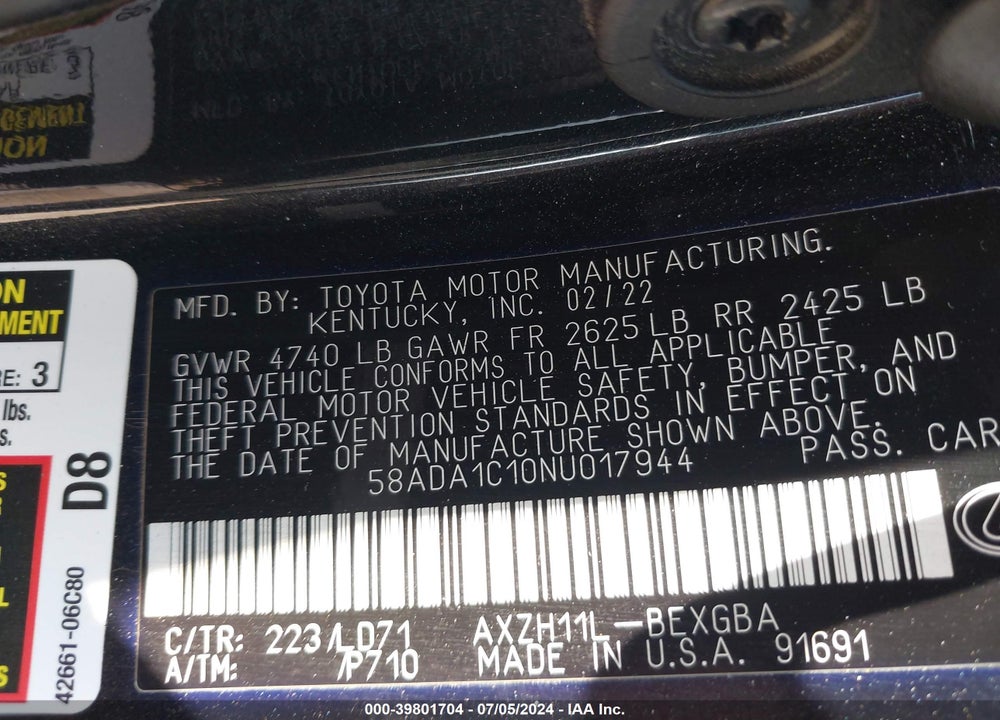 2022 LEXUS ES 300H VIN: 58ADA1C10NU017944
