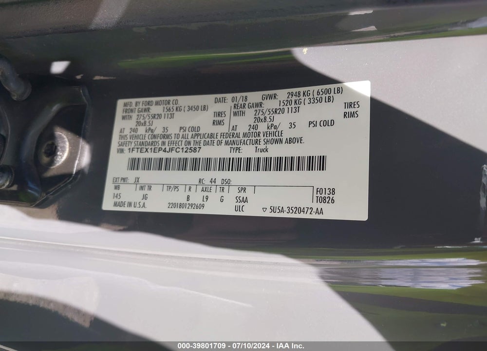 2018 FORD F-150 XL VIN: 1FTEX1EP4JFC12587