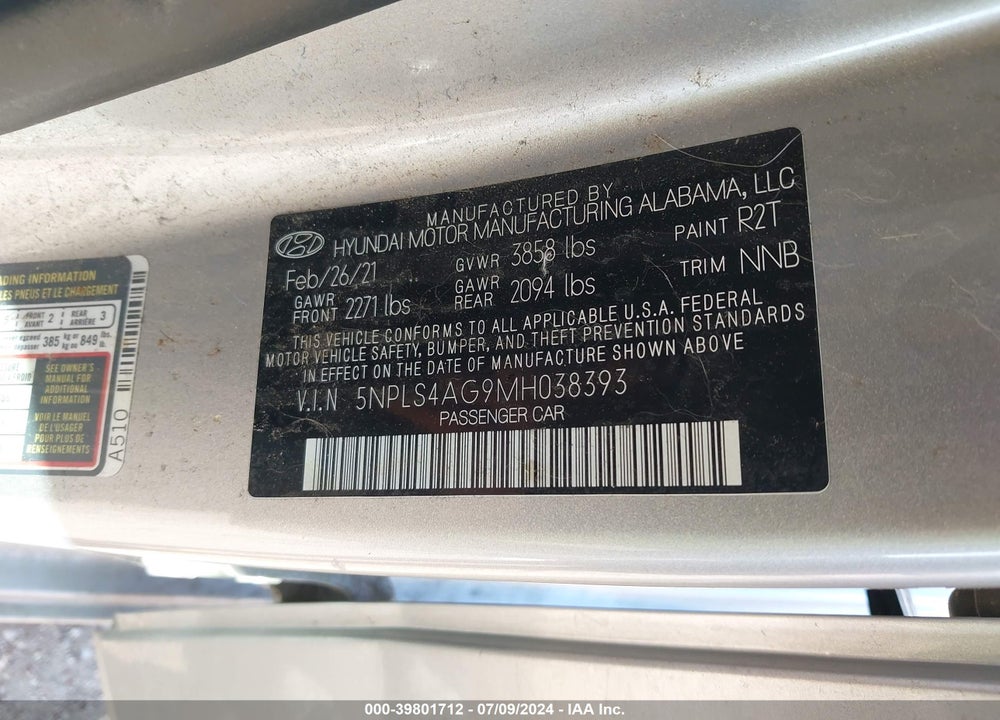 2021 HYUNDAI ELANTRA SEL VIN: 5NPLS4AG9MH038393