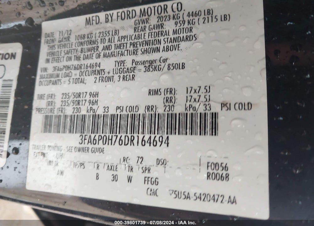 2013 FORD FUSION SE VIN: 3FA6P0H76DR164694