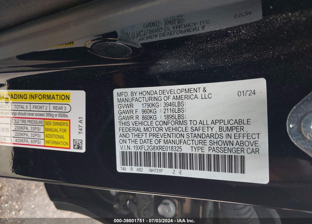 2024 HONDA CIVIC SPORT VIN: 19XFL2G8XRE018325