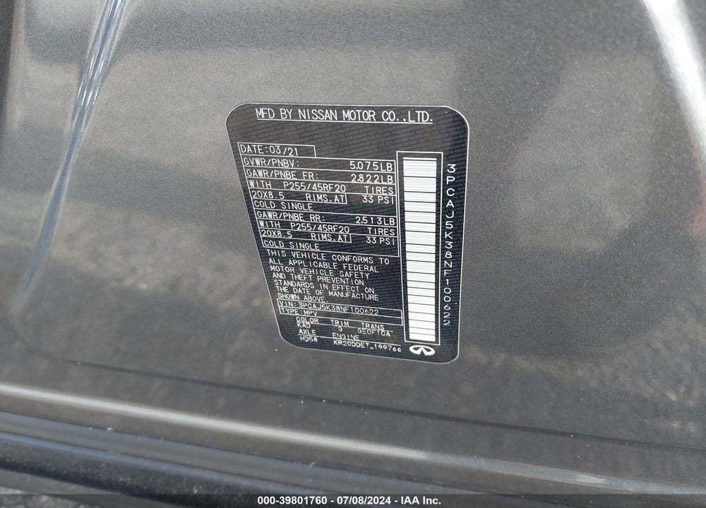 2022 INFINITI QX55 ESSENTIAL AWD VIN: 3PCAJ5K38NF100622