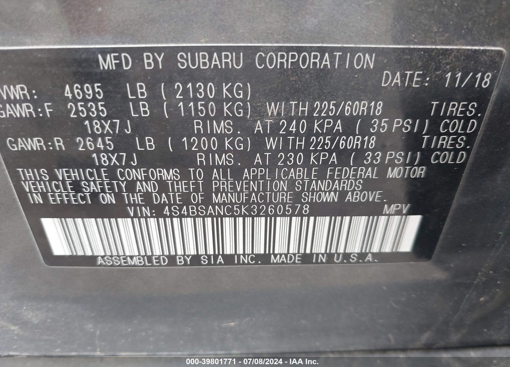 2019 SUBARU OUTBACK 2.5I LIMITED VIN: 4S4BSANC5K3260578
