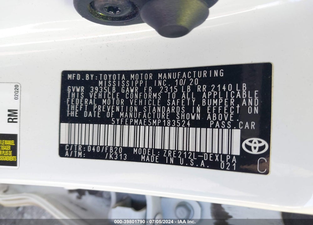 2021 TOYOTA COROLLA LE VIN: 5YFEPMAE5MP183524