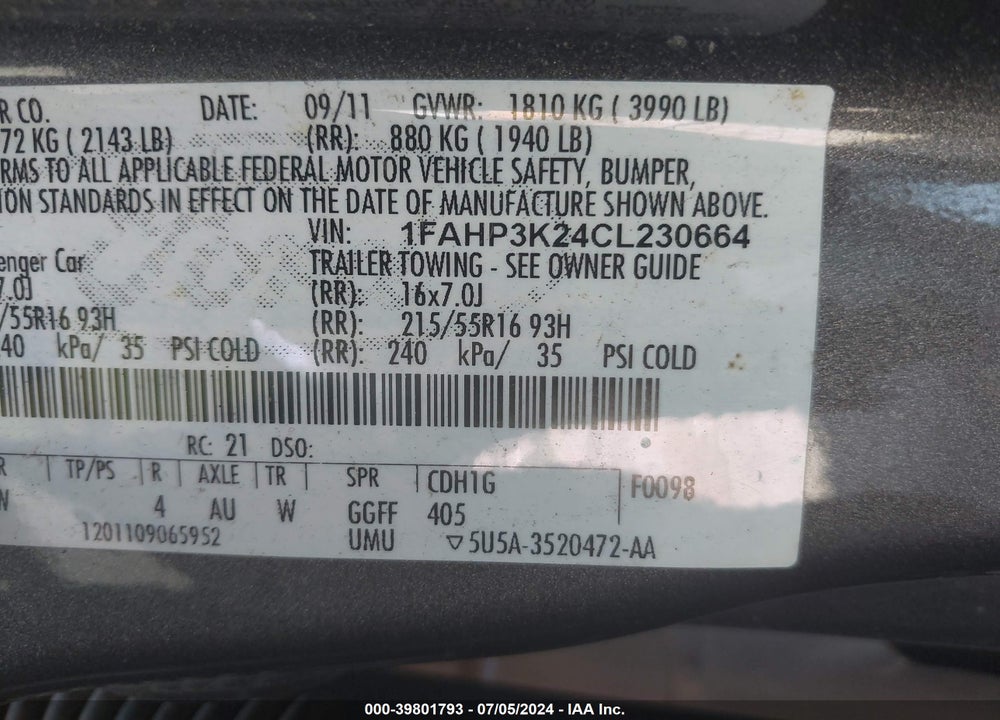 2012 FORD FOCUS SE VIN: 1FAHP3K24CL230664