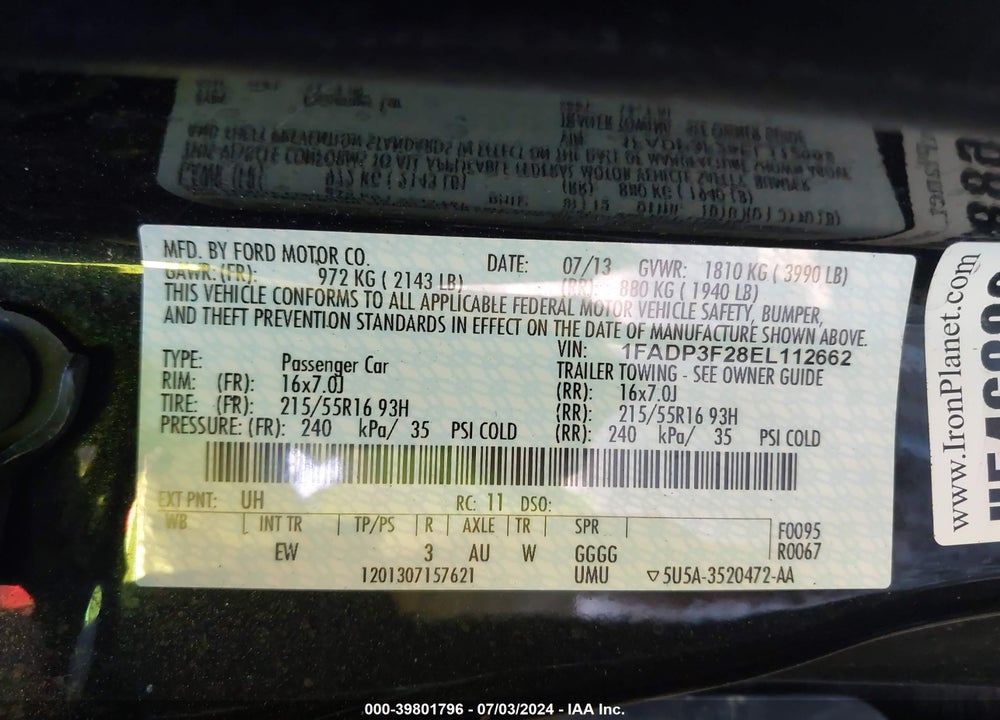 2014 FORD FOCUS SE VIN: 1FADP3F28EL112662