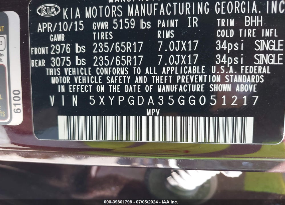 2016 KIA SORENTO 2.4L LX VIN: 5XYPGDA35GG051217
